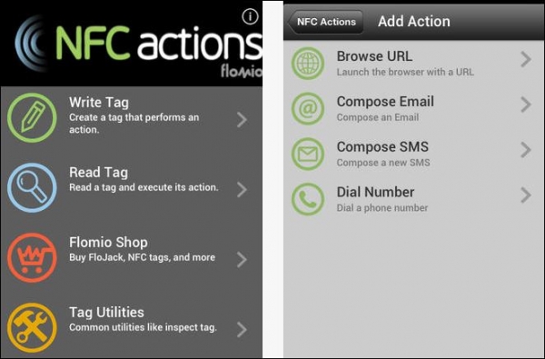 Due schermate dell&#039;app NFC Actions per iOS
