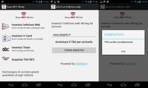 3 schermate che illustrano come programmare un Tag NFC con l&#039;indirizzo di una pagina web