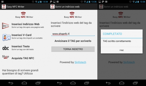 3 schermate che illustrano come programmare un Tag NFC con l&#039;indirizzo di una pagina web