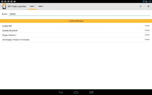 Una schermata di NFC Task Lancher